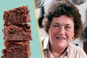 Julia Child photo next to a photo of her brownies (brownie pieces stacked) over a colorful background 