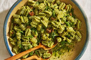 5-ingredient pasta salad in a bowl with serving utensils