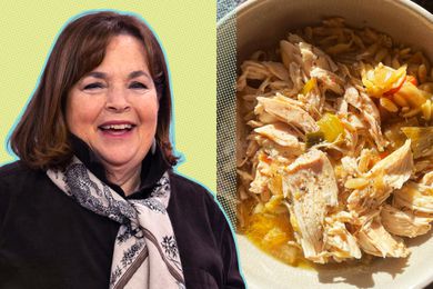 Photo of Ina Garten on a yellow and blue color block background next to a photo of her chicken in a pot recipe