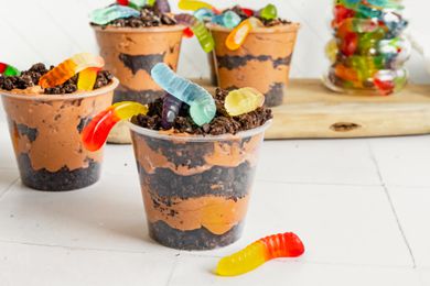 Cups of Dirt Cake with Gummy Worms