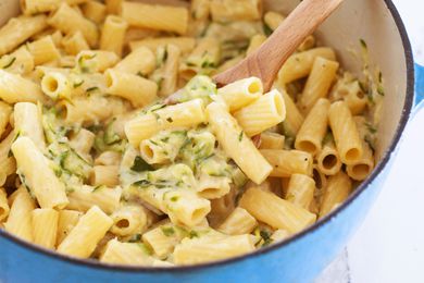 Creamy zucchini pasta in a dutch oven