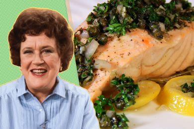 Julia Child cut out next to a photo of poached salmon