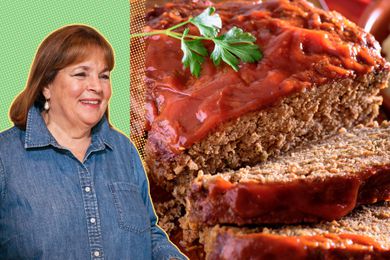 Photo of Ina Garten over a green and yellow dotted background next to a photo of meatloaf 