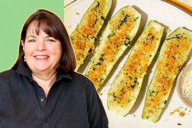 Ina Garten cut out next to a photo of parmesan roasted zucchini 