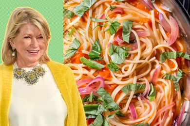 Martha Stewart cut-out on green background with yellow polka dots next to a photo of Martha's one pot pasta 