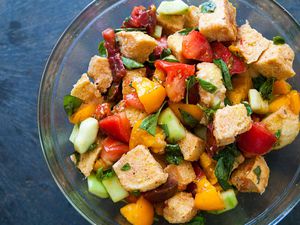 Panzanella Bread Salad in a glass serving bowl