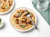 Two Plates of Creamy Miso Mushroom Pasta