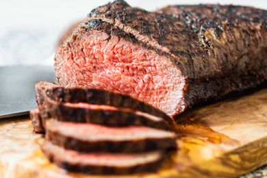 Up close view of a tri tip steak sliced.