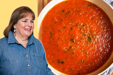 Ina Garten next to a photo of bright red tomato soup