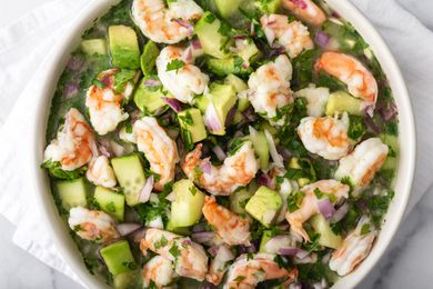 Overhead view of a bowl of a shrimp ceviche recipe.