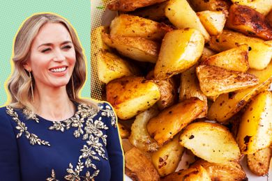 Emily Blunt headshot and roasted potatoes 