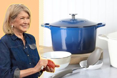 Martha Stewart peeling a tomato next to a bright blue Dutch oven