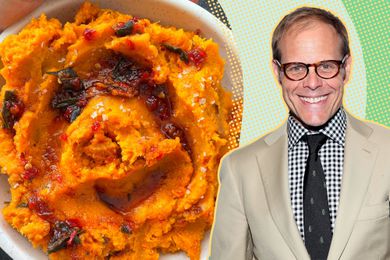 alton brown cut out over a green background next to a bowl of mashed sweet potatos