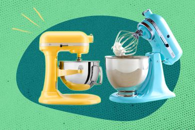 tilt-head and bowl lift KitchenAid mixer cut outs on a blue and green illustrated background