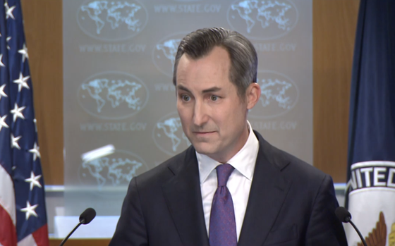 A screen grab from a video of the spokesperson for the U.S. State Department giving a press briefing.