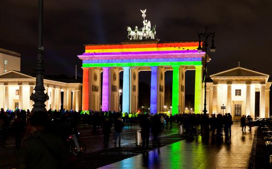 The Brandenburg gate is illuminated during a past Festival of Lights event in Berlin, Germany. The festival takes place Oct. 19 this year, and Ansbach Outdoor Recreation plans a visit.