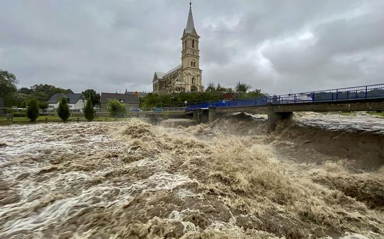 A torrent of water flows along the river Bela during heavy rain on Sept. 14, 2024, in Mikulovice, Czech Republic. There have been extreme weather and flood warnings as heavy rainfall sweeps the Czech Republic, Poland, Germany, Austria and Slovakia. 