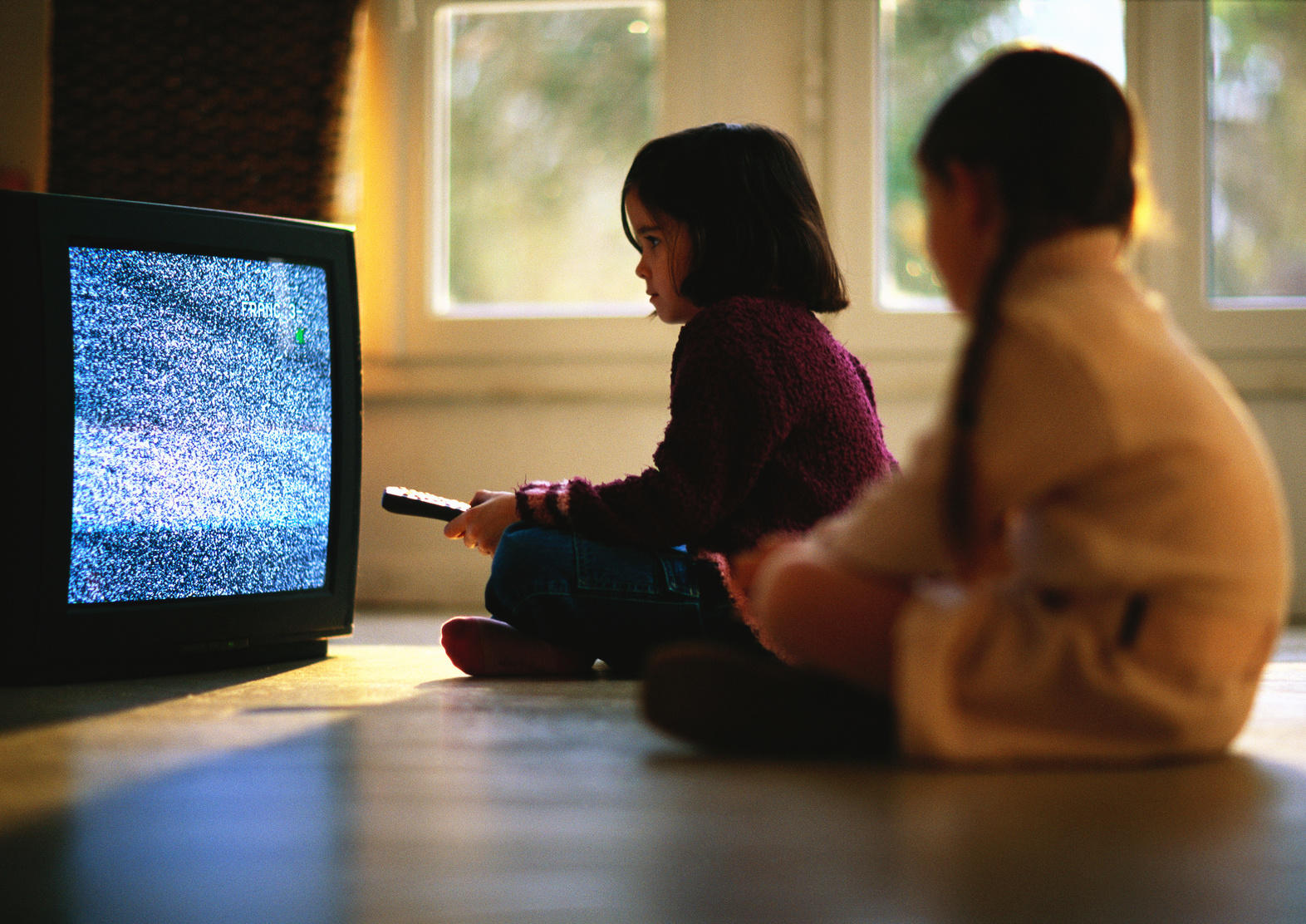 Dos niños frente a un televisor con nieve