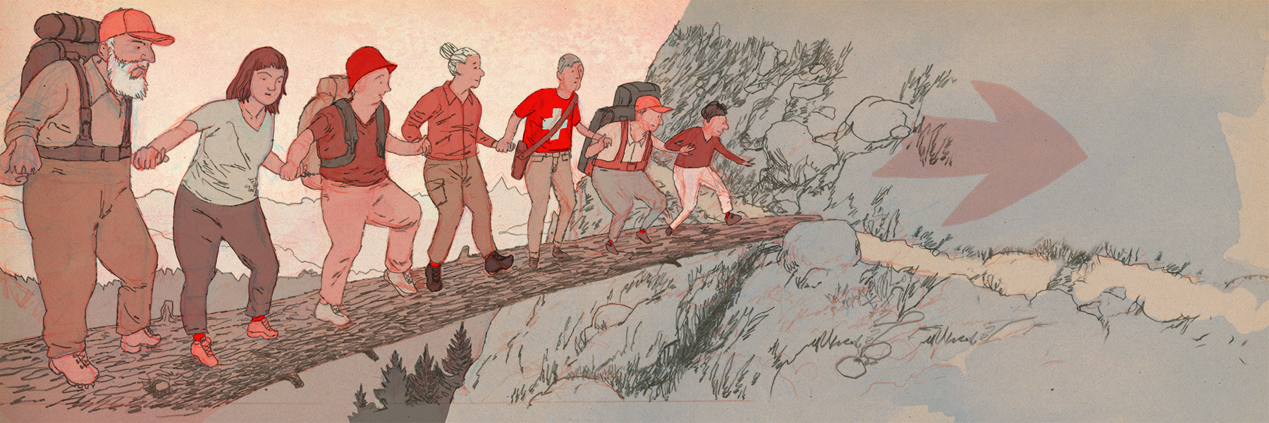 cartoon of hikers walking across a tree log