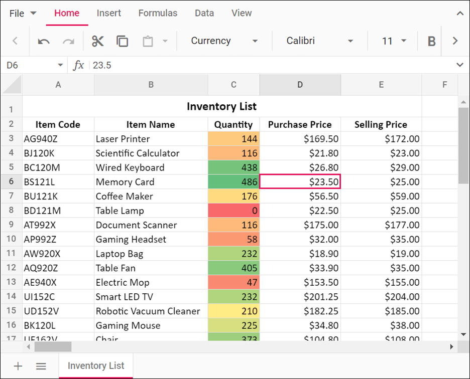 Color scale applied to the Quantity column in JavaScript Spreadsheet