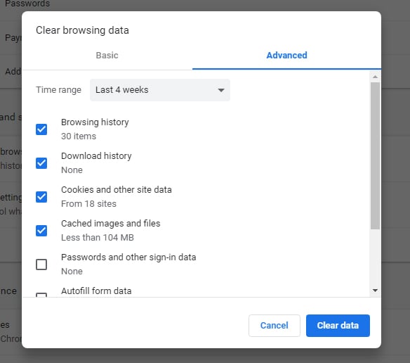 Google Chrome: Clear browsing data - Advanced