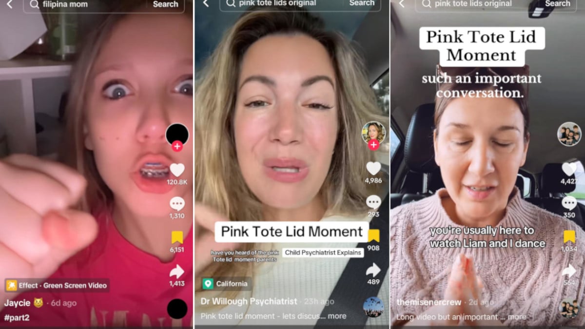 TikTok stills from influencers talking about the pink tote lids moment trends