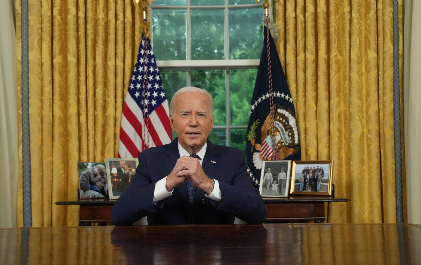 Joe Biden delivers a nationally televised address from the Oval Office of the White House on July 14, 2024.