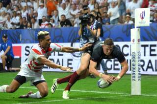 England’s Freddie Steward scores against Japan the last time the countries met, at the World Cup in September last year. England won 34-12