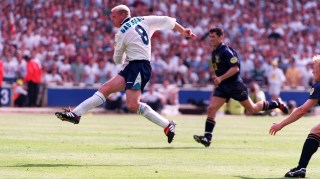 Gascoigne scores his famous goal against Scotland at Wembley at Euro ’96