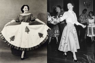 Charlot made her original skirt, left, for a Christmas party. The future Queen Elizabeth II was a fan and wore one to a hoedown, right