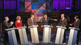 Alex Cole-Hamilton, Lorna Slater, Douglas Ross, the presenter Stephen Jardine, John Swinney and Anas Sarwar during the debate