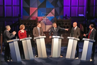 Alex Cole-Hamilton, Lorna Slater, Douglas Ross, the presenter Stephen Jardine, John Swinney and Anas Sarwar during the debate
