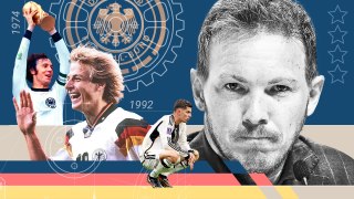 Germany head coach Nagelsmann, right, and his present side, featuring Arsenal’s Havertz, centre, will seek to join the greats Beckenbauer and Klinsmann, left, in producing memorable moments for the nation