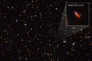 An infrared image from the James Webb Space Telescope showing the luminous Jades-GS-z14-0