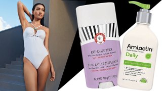 From left: swimsuit, £35, Marks & Spencer; First Aid Beauty Anti-Chafe Stick, £20; AmLactin Daily Moisturising Body Lotion, £19.35
