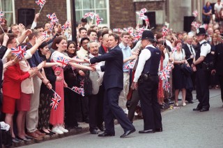 Tony Blair greets crowds outside No 10 after Labour’s 1997 victory