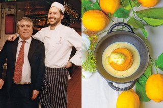 The father-and-son chefs Albert and Michel Roux at Le Gavroche in 1994; lemon steamed pudding