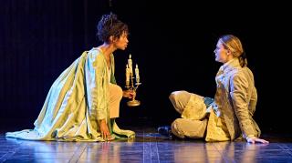 Rhianna Dorris as Melissa Milcote and Louisa Binder as young Alexander in Coram Boy