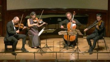 The Takacs Quartet — from left, violinists Edward Dusinberre and Harumi Rhodes, cellist András Fejer and violist Richard O’Neill — let loose at the Wigmore Hall