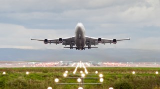 A plane takes off at Manchester airport