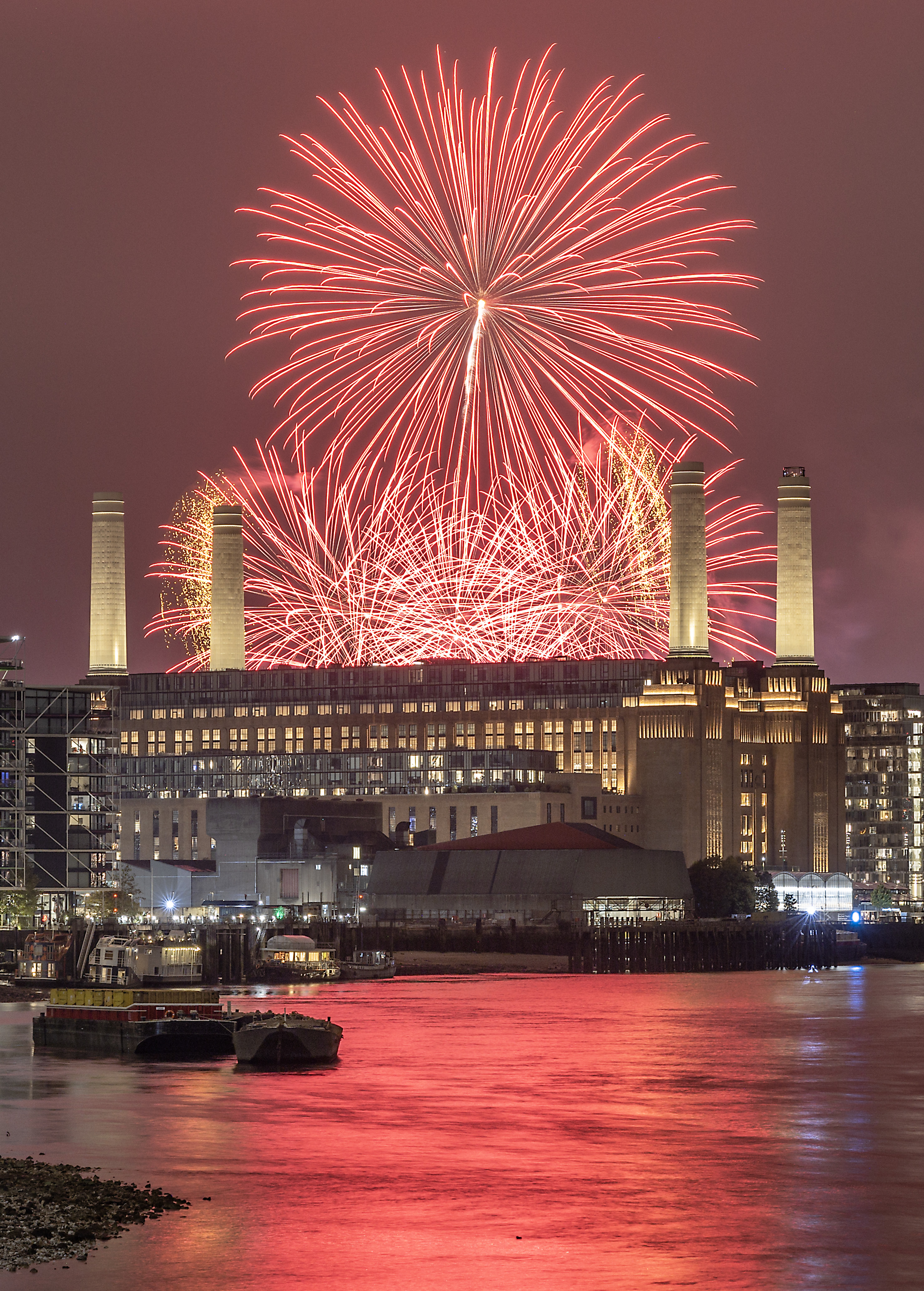 A firework display in Battersea Park, southwest London, on Saturday night illuminated Battersea Power Station