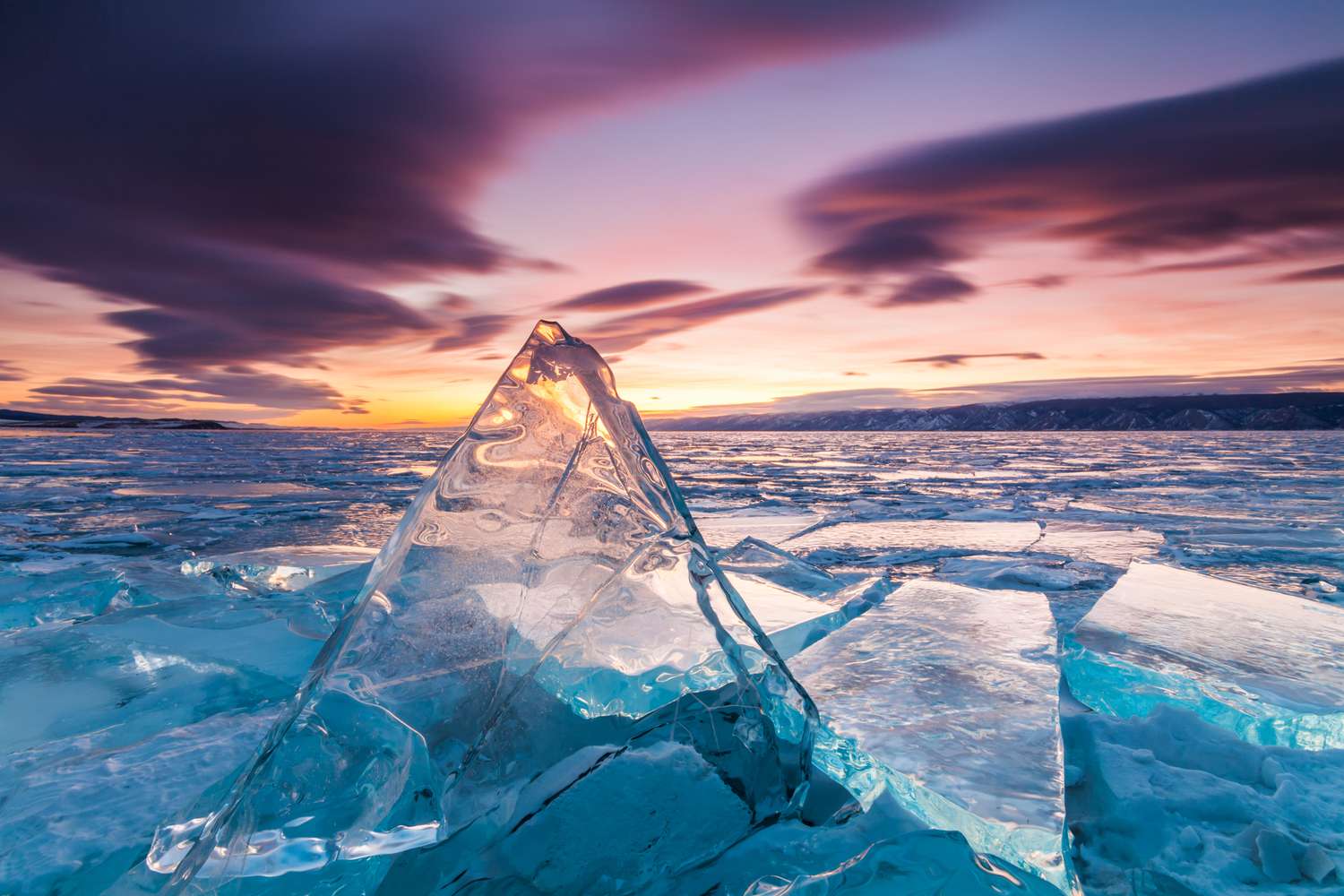 Sunset on the ice of Lake Baikal, Siberia