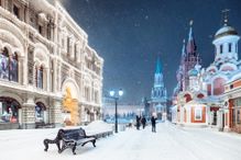 Night view of the Red Square in Moscow during snowstorm