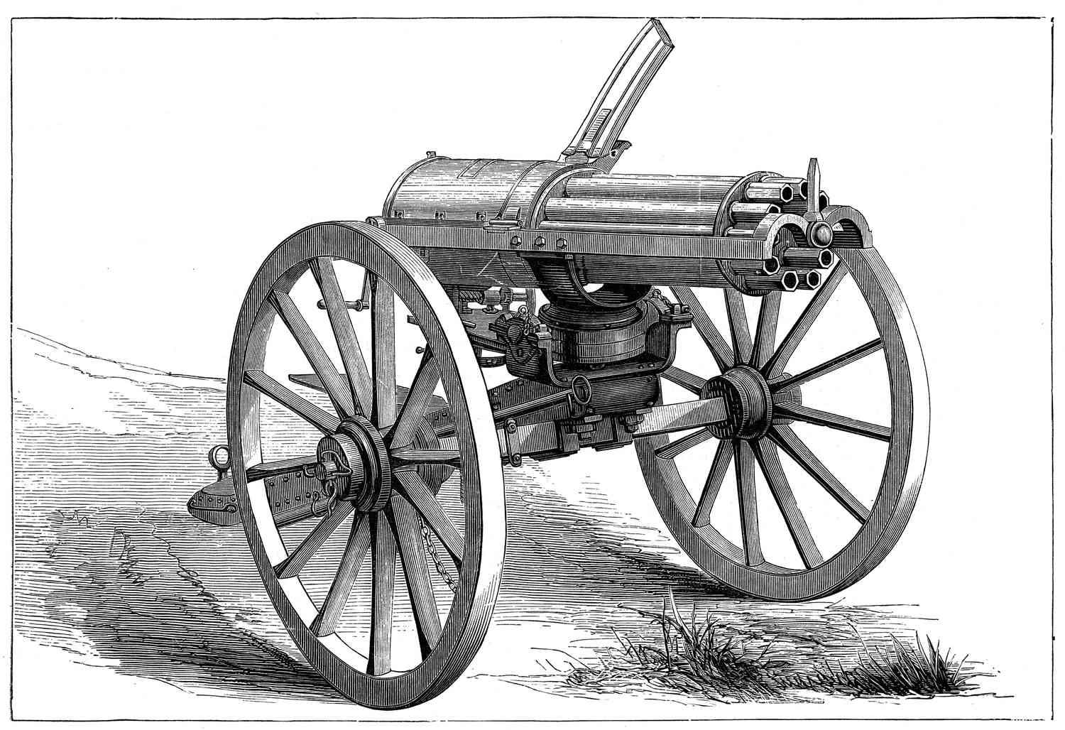 Gatling rapid fire gun, 1870. Artist: Anon