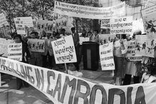 A demonstration outside the UN headquarters in New York City against the genocide in Cambodia perpetrated by the Khmer Rouge, circa 1975.