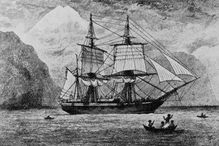 Pen and ink drawing of the HMS Beagle on the water.