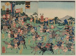 Samurai armies clash at the Battle of Kawanakajima. Print by Utagawa Yoshikazu, 1857