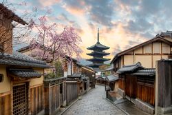 Yasaka Pagoda and Sannen Zaka Street with cherry blossom in the Morning, Kyoto, Japan