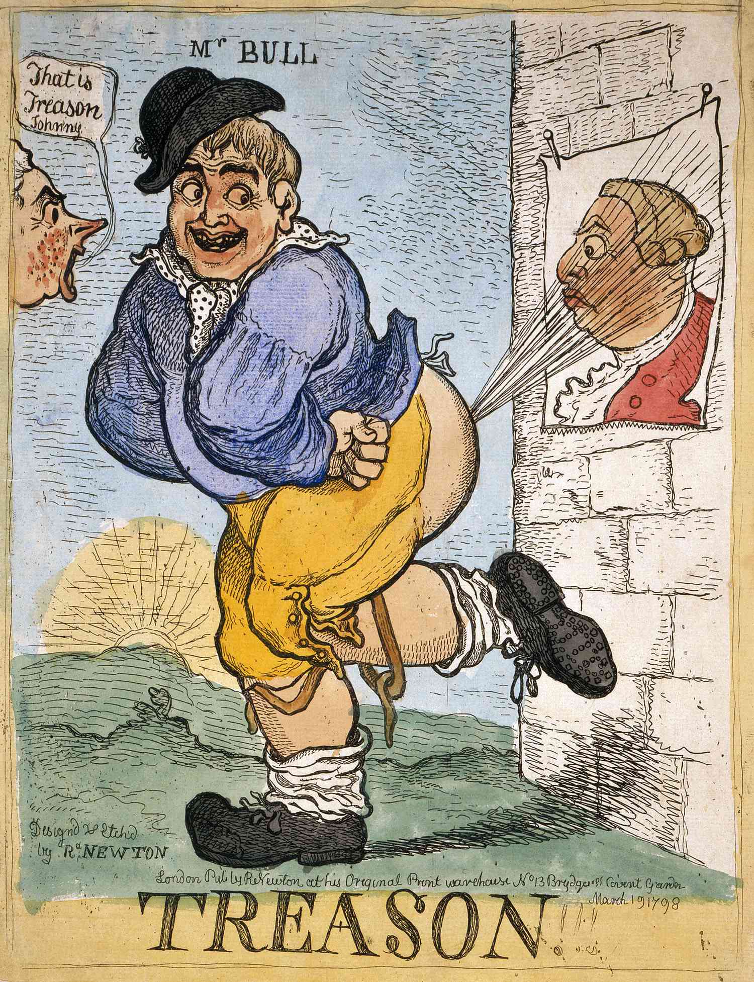 Treason!!! John Bull farts at a poster of King George III, as an outraged William Pitt the Younger chastises him.