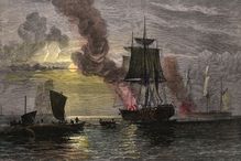 Painting of a whaling ship boiling blubber.